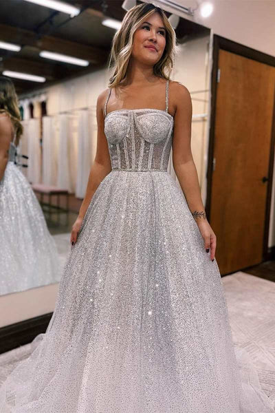 Silver Ombre Sequins Princess Straps A-Line Prom Gown VK23121206