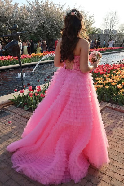 Cute Ball Gown Sweetheart Pink Tiered Tulle Prom Dress with Slit VK2505250