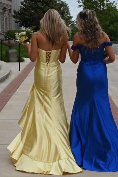 Yellow Strapless Pleats Satin Long Formal Prom Dresses with Slit VK26011705