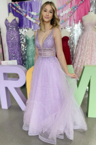 Lavender V Neck Beaded Tulle A-Line Prom Dresses VK24011302