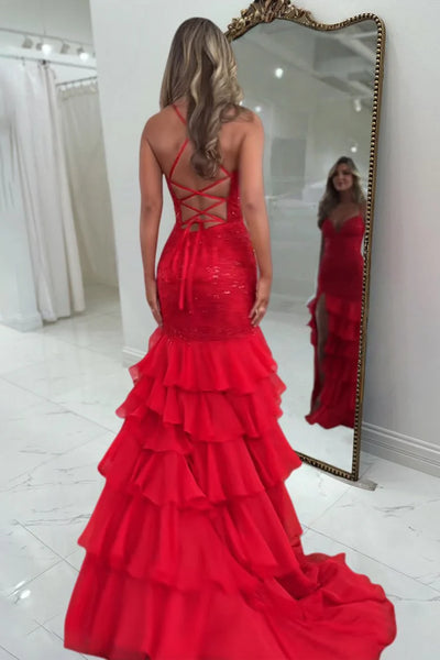 Mermaid V Neck Spaghetti Straps Red Ruffle Tiered Chiffon Long Prom Dresses with Sequin Lace VK26010903