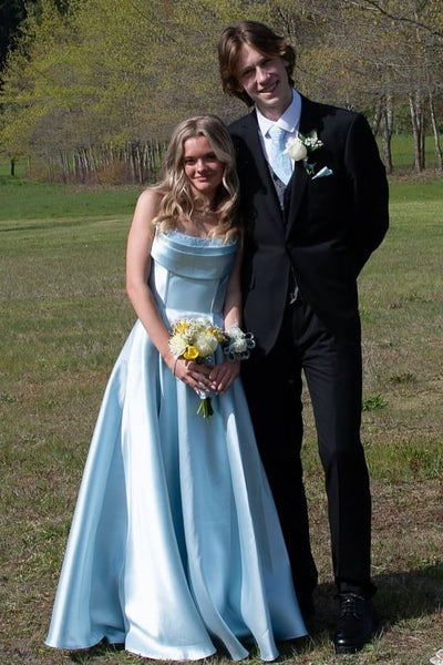 Elegant A-Line Strapless Blue Satin Long Prom Dresses with Slit VK26011502