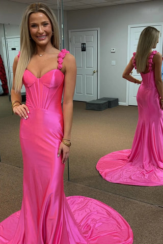 Hot Pink Floral Straps Mermaid Satin Long Prom Dress VK23120910