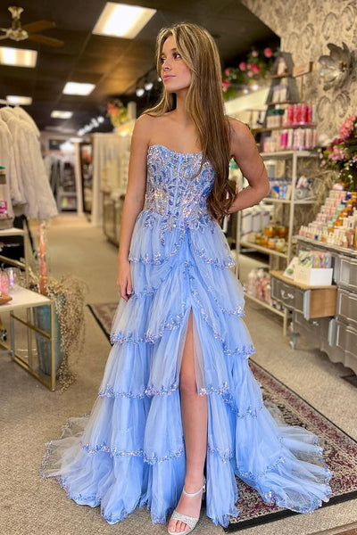 Cute A Line Strapless Red Tulle Tiered Prom Dresses with Appliques VK24120312