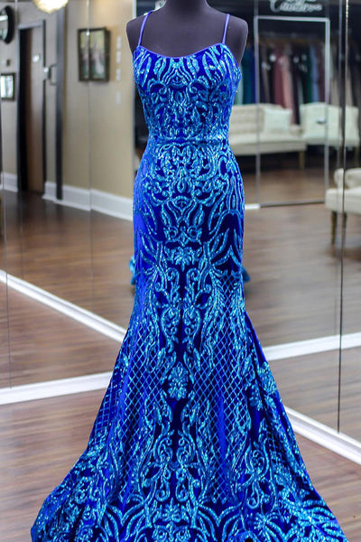 Royal Blue Scoop Neck Cross Back Sequin Lace Mermaid Long Prom Dresses VK23100603