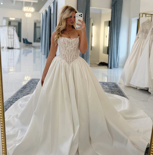 Strapless A Line Satin Wedding Dresses Sweetheart Corset Lace Bridal Wedding Gowns