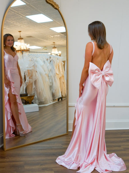 Mermaid Satin V Neck Prom Dresses Long Corset Evening Party Dresses with Ruffled