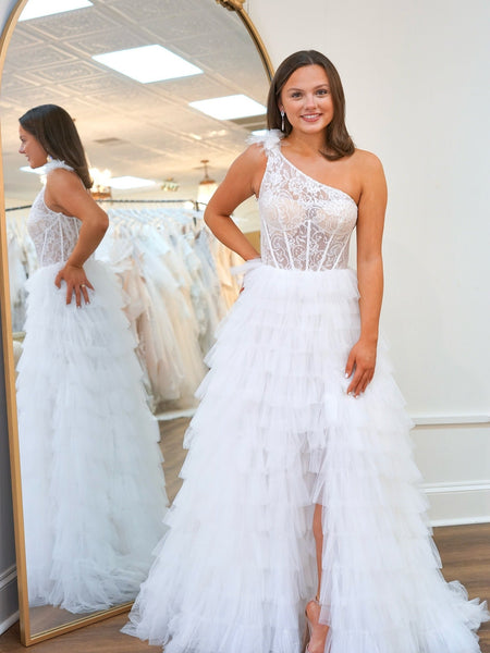 Women's One Shoulder Tulle Ruffled Prom Dresses Corset Lace Evening Party Gowns