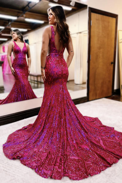 Cute Mermaid V Neck Dark Red Sequin Lace Long Prom Dresses VK24021404