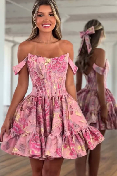 A Line Off the Shoulder Pink Jacquard Satin Short Homecoming Dress VK26060901