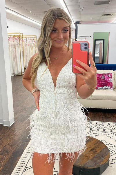 Charming Bodycon V Neck White Lace Appliques Short Homecoming Dresses with Feathers VK23072102