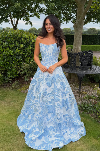 A Line Scoop Neck Blue Jacquard Satin Long Prom Dresses VK26080909