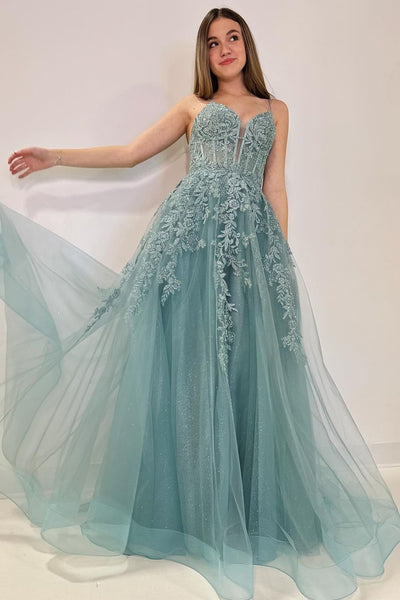 Sweetheart Spaghetti Straps Tulle A-Line Long Prom Dresses with Appliques VK23120304