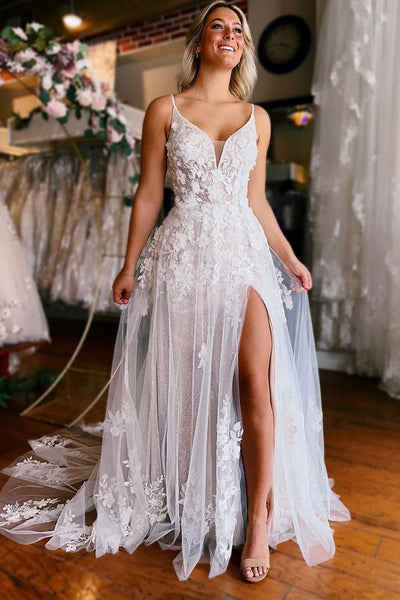 A-Line V Neck White Tulle Wedding Dresses with Appliques VK23101702