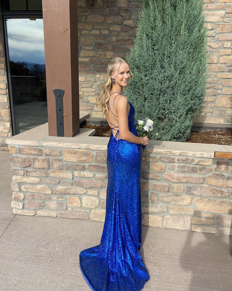 Cute Mermaid Scoop Neck Royal Blue Sequins Long Prom Dresses with Slit VK23050808