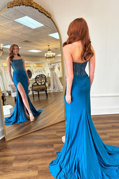 Charming Mermaid Scoop Neck Blue Satin Long Prom Dresses VK24092804