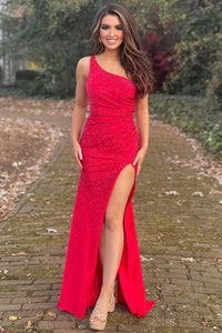 Sheath One Shoulder Red Long Prom Dress with Beading VK23101001