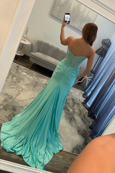 Mermaid Strapless Corset Beaded Long Prom Dress with Slit VK26021502