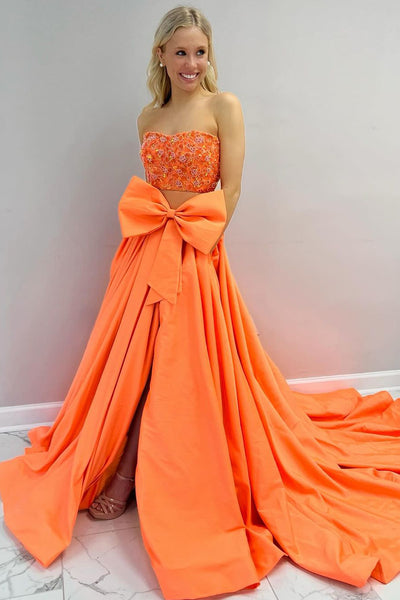 Orange Strapless Satin Two Piece Long Prom Dress VK24030404