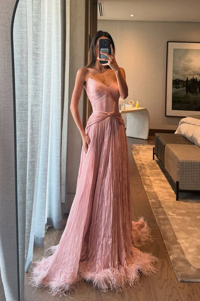 A Line V Neck Blush Pink Chiffon Long Evening Formal Dress with Feather VK26031102