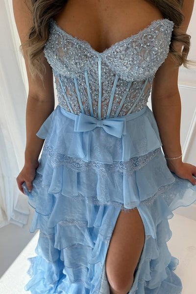 Fashion A Line Sweetheart Light Blue Chiffon Tiered Prom Dress with Lace VK110205