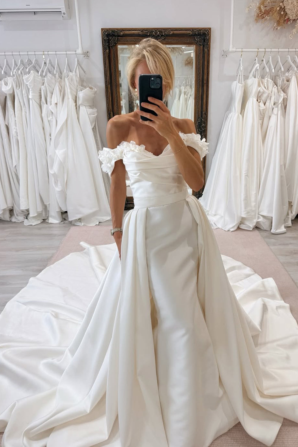 Chic Mermaid Off the Shoulder White Satin Wedding Dresses with Detachable Train VK25102206