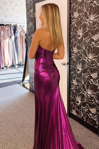 Purple Sweetheart Ruching Trumpet Long Dress with Slit VK23110901