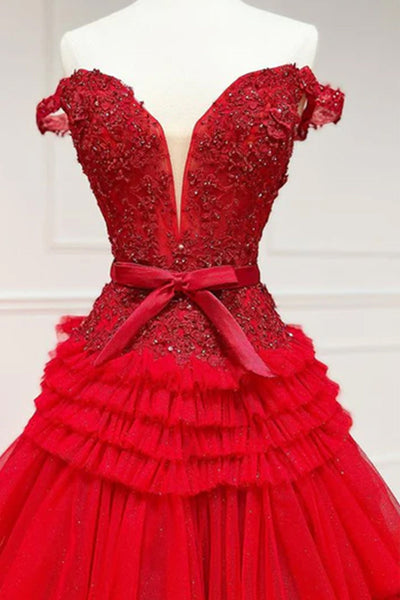 Princess A-Line Off the Shoulder Light Pink Tiered Ruffled Tulle Long Prom Dresses VK23103103