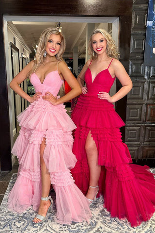 Pink V Neck Tiered Tulle Long Prom Dresses with Slit VK24012102