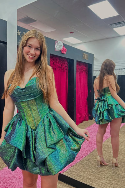 Cute Sweetheart Green Metallic A-Line Tiered Short Homecoming Dresses VK25091703
