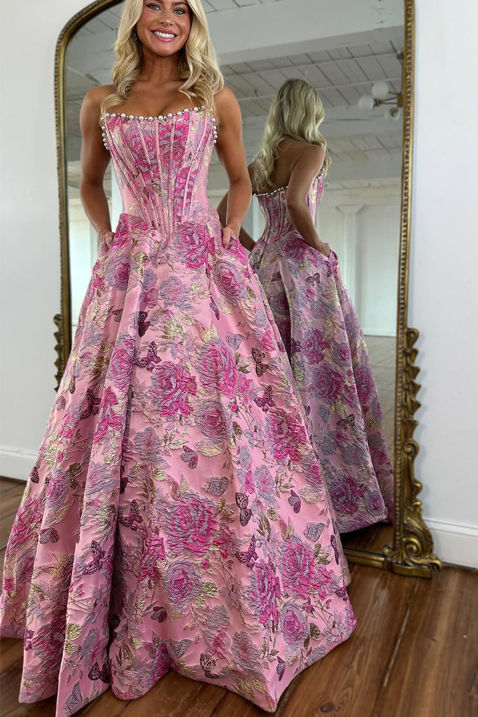Stunning A Line Scoop Neck Jacquard Satin Long Prom Dress with Pearls Vickidress Stunning A Line Scoop Neck Jacquard Satin Long Prom Dress with Pearls Vickidress