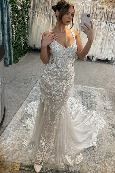 Charming Mermaid Round Neck Lace Wedding Dresses VK24020402