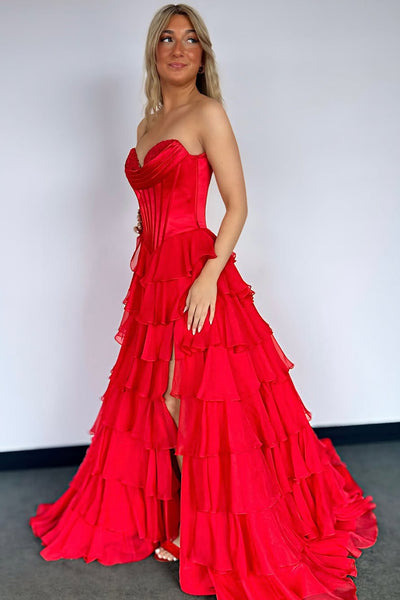 A-Line Strapless Ruffle Tiered Long Prom Dresses with Slit VK25031602