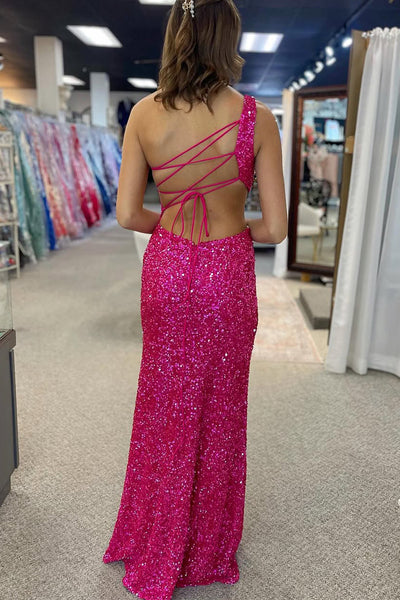 Gorgeous Mermaid One Shoulder Fuchsia Sequins Prom Dress with Slit VK25010902