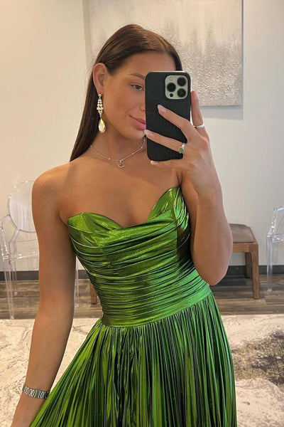 Fashion A Line Strapless Metallic Satin Pleated Prom Dresses with Slit