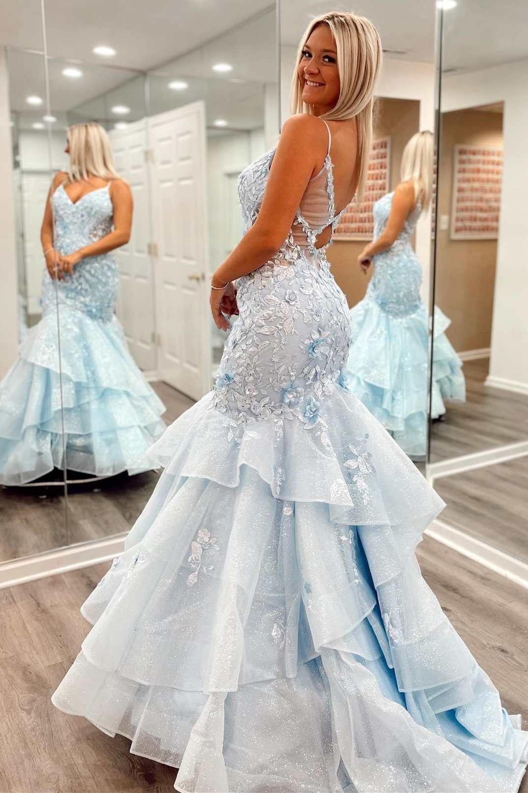 Mermaid V Neck Light Blue 3D Floral Lace Tiered Prom Dress with Appliques