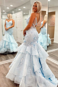 Mermaid V Neck Light Blue 3D Floral Lace Tiered Prom Dress with Appliques