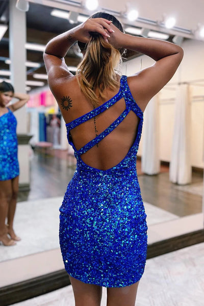 Sparkly Yellow Open Back One Shoulder Sequins Tight Homecoming Dress VK23092207