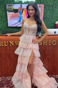 Cute A Line Sweetheart Blush Pink Tulle Tiered Prom Dresses