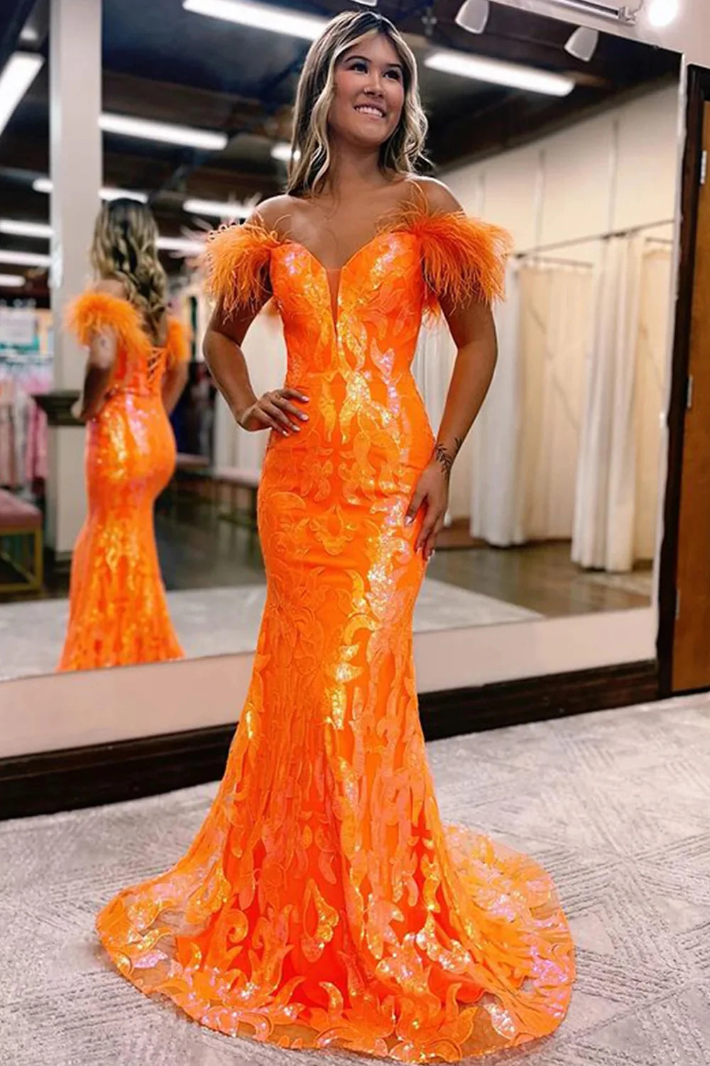 Sparkly Orange Sequins Off the Shoulder Mermaid Long Prom Dress with Feathers VK23100304
