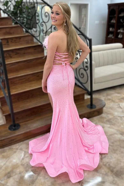 Pink Beaded Feather Strapless Lace-Up Mermaid Long Prom Dress VK23110102