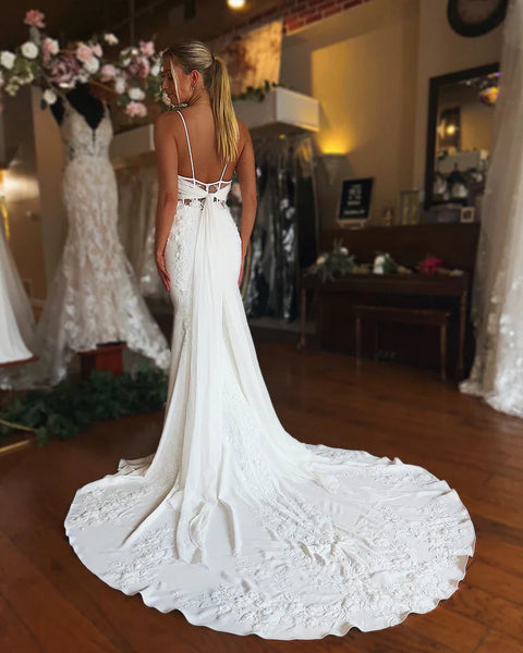 Elegant Mermaid V Neck Elastic Satin Long Wedding Dresses with Appliques