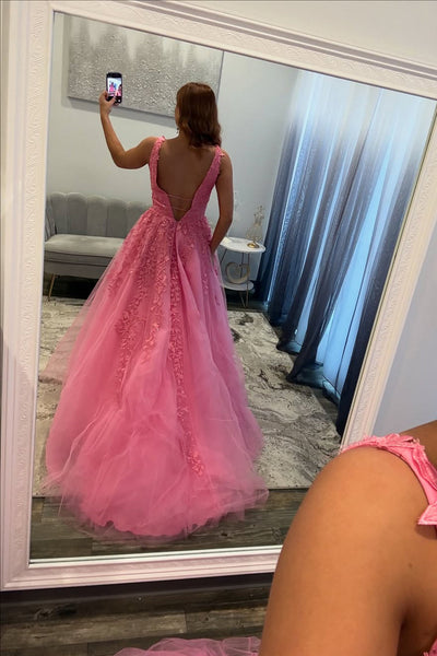 Gorgeous A Line V Neck Pink Tulle Prom Dress with Appliques VK15112701