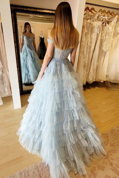 Light Blue Appliques Off-the-Shoulder Ruffle Tiered Long Prom Dress VK23120807