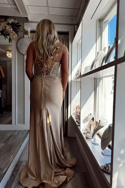 Mermaid Halter Champagne Satin Appliques Long Prom Dresses with Slit VK26030209