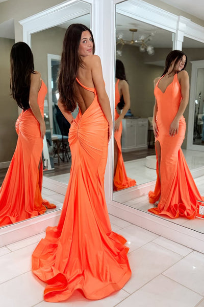 Mermaid V Neck Orange Stretch Satin Long Prom Dress with Slit VK26031506
