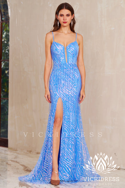 Light Blue Cold Shoulder Sequin Lace Long Prom Dresses with Fringe VK24010721