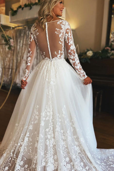 Charming A-Line V Neck Long Sleeve Tulle Lace Wedding Dresses VK23112506