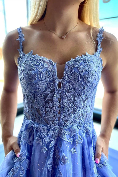 Periwinkle Tulle Appliques Lace-Up A-Line Long Prom Dress VK23102604