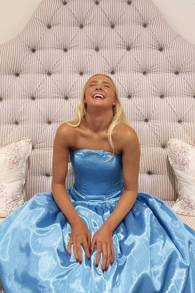 Cute A-Line Strapless Blue Satin Prom Dresses with Bow VK26020501